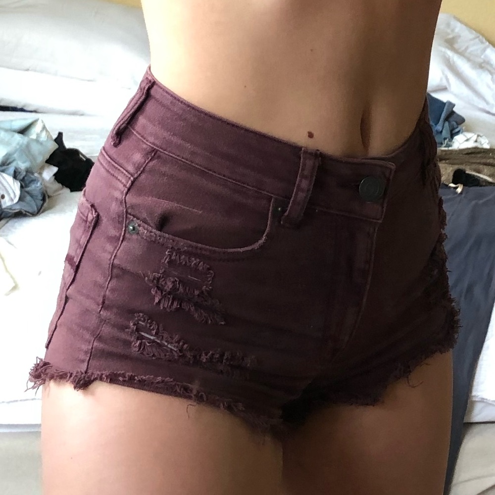 High Waisted Distressed Maroon Jean Shorts
